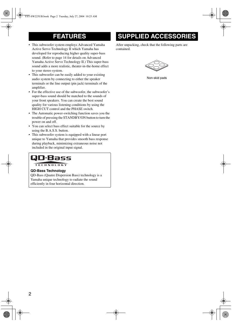 Features, Supplied accessories | Yamaha YST-SW225 User Manual | Page 6 / 20