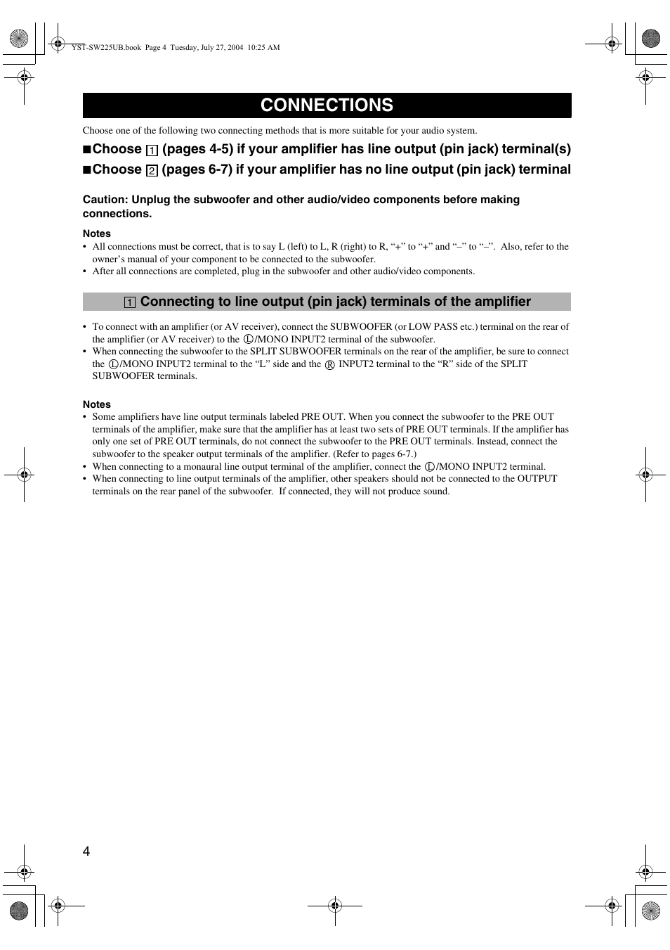Connections | Yamaha YST-SW225 User Manual | Page 8 / 20