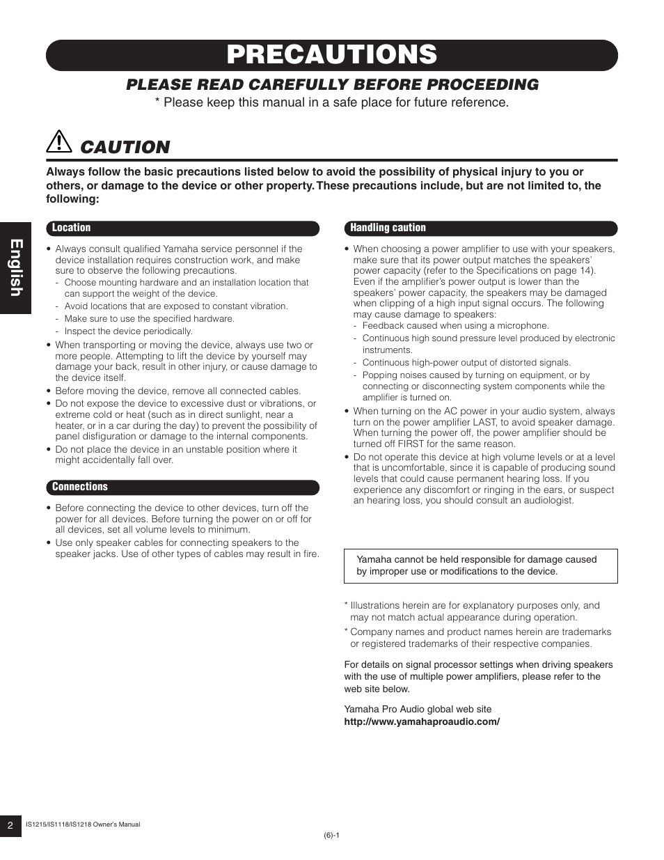 Precautions, Caution, English | Please read carefully before proceeding | Yamaha IS1218(W) User Manual | Page 2 / 6