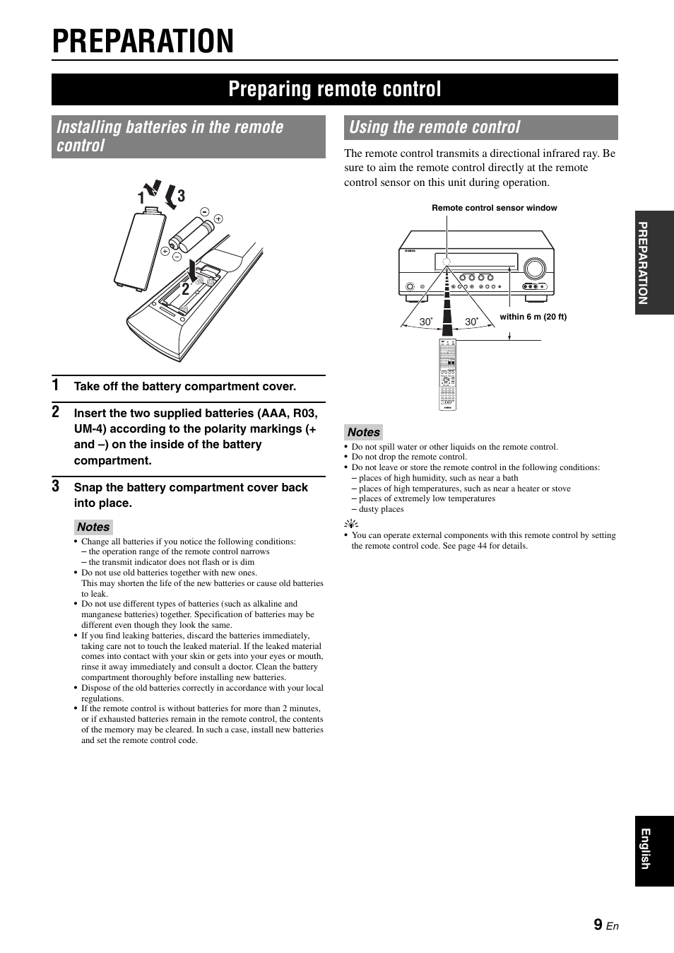 Preparation, Preparing remote control, Installing batteries in the remote control | Using the remote control | Yamaha RX-V565 User Manual | Page 13 / 72