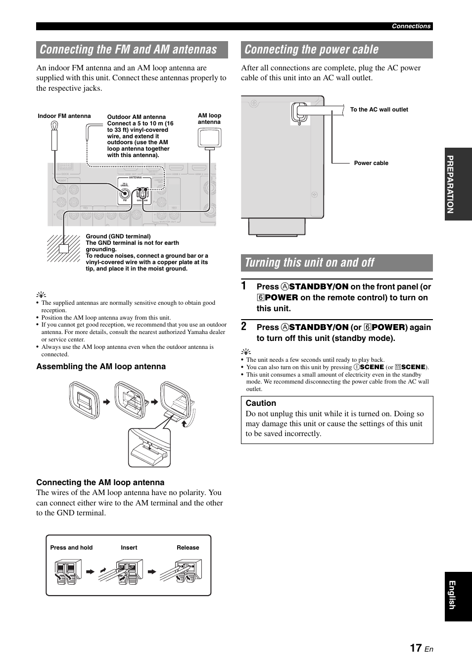 Connecting the fm and am antennas, Connecting the power cable, Turning this unit on and off | P. 17 | Yamaha RX-V565 User Manual | Page 21 / 72