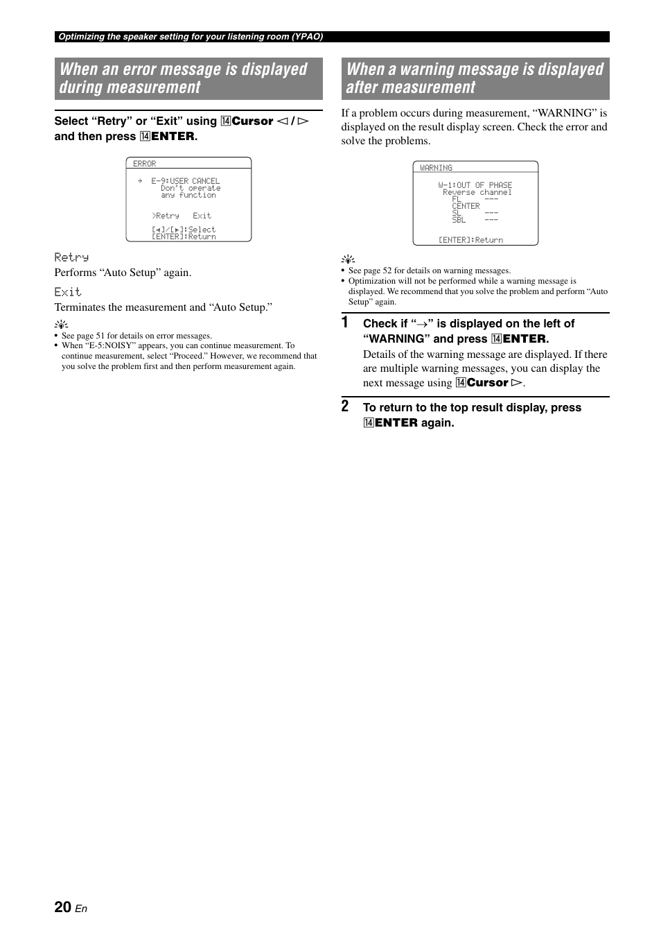 When an error message is displayed during, Measurement, When a warning message is displayed after | Yamaha RX-V565 User Manual | Page 24 / 72