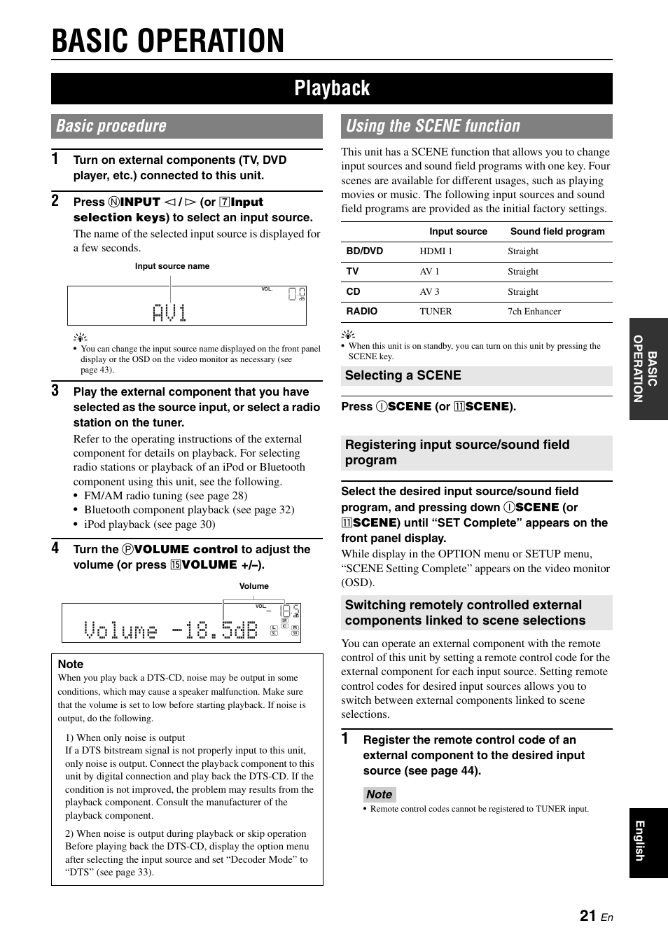 Basic operation, Playback, Basic procedure | Using the scene function, Basic procedure using the scene function, P. 21, Volume -18.5db | Yamaha RX-V565 User Manual | Page 25 / 72