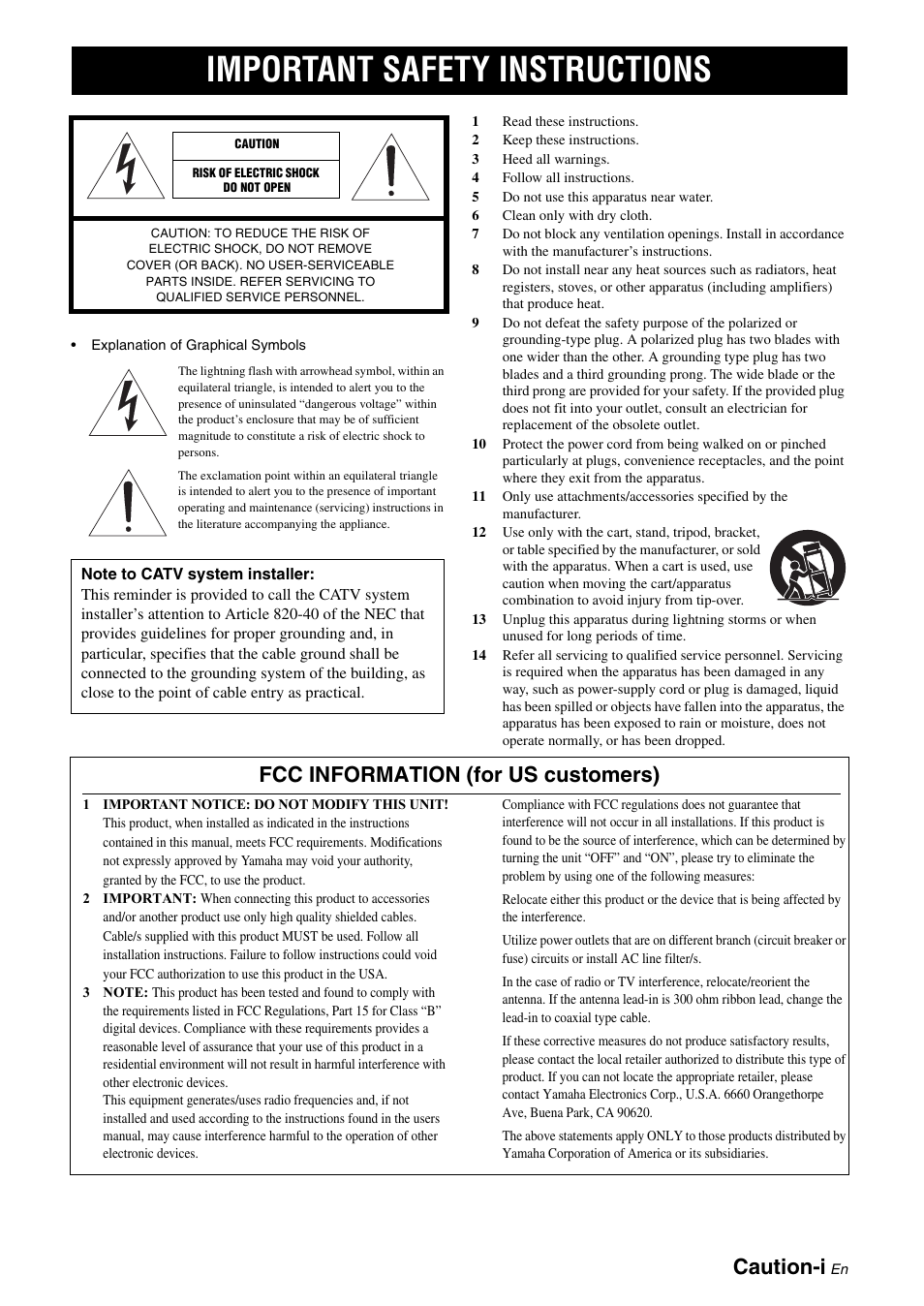 English, Important safety instructions, Caution-i | Fcc information (for us customers) | Yamaha RX-V565 User Manual | Page 3 / 72