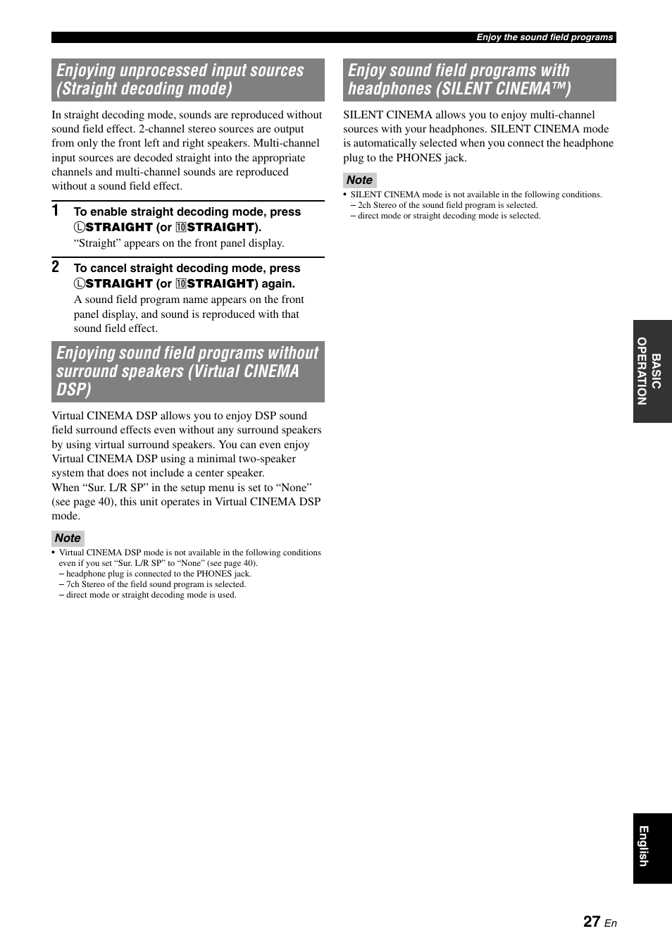 Enjoying unprocessed input sources (straight, Decoding mode), Enjoying sound field programs without surround | Speakers (virtual cinema dsp), Enjoy sound field programs with headphones, Silent cinema™) | Yamaha RX-V565 User Manual | Page 31 / 72