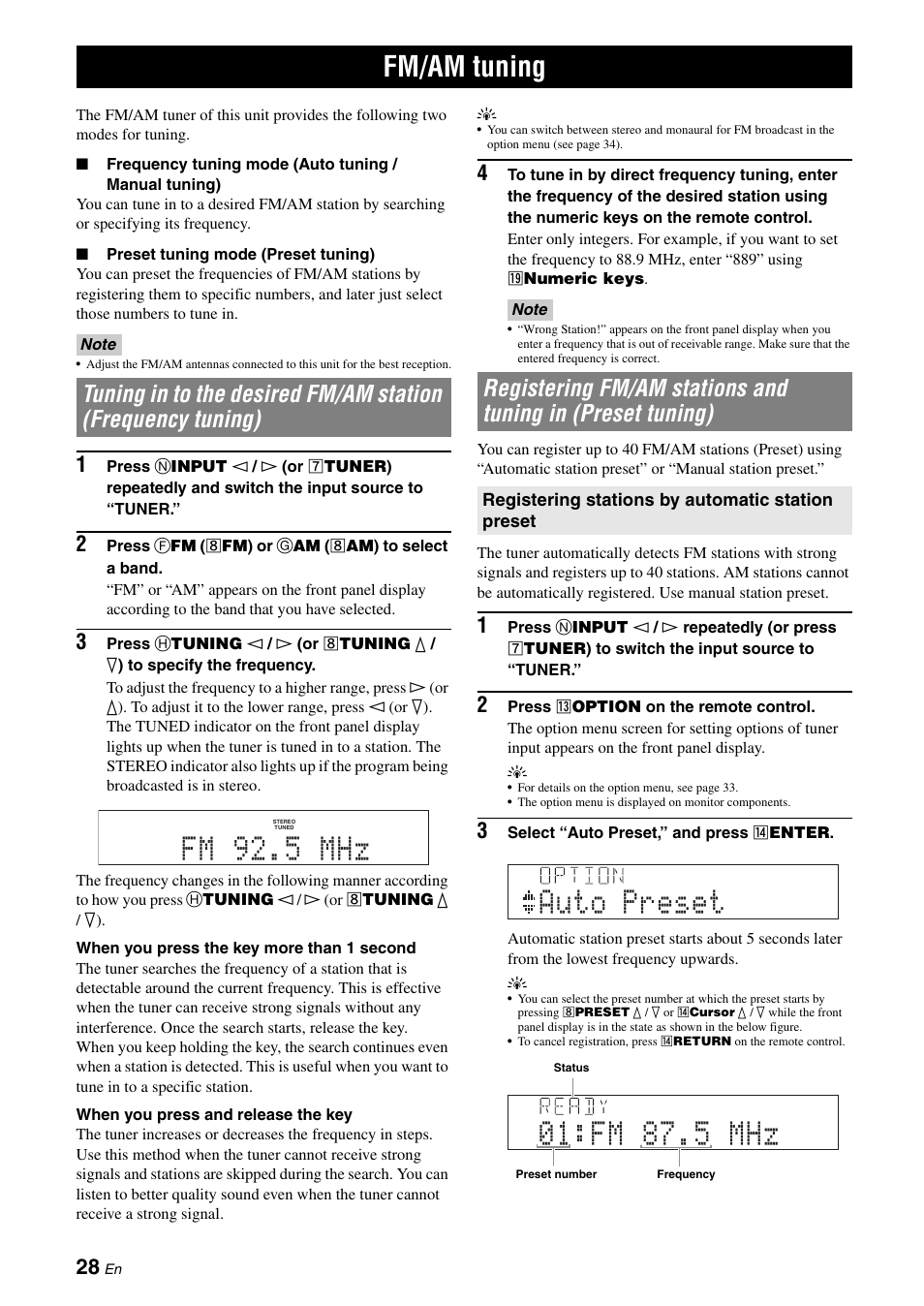 Fm/am tuning, Tuning in to the desired fm/am station (frequency, Tuning) | Registering fm/am stations and tuning in (preset, Fm 92.5 mhz | Yamaha RX-V565 User Manual | Page 32 / 72