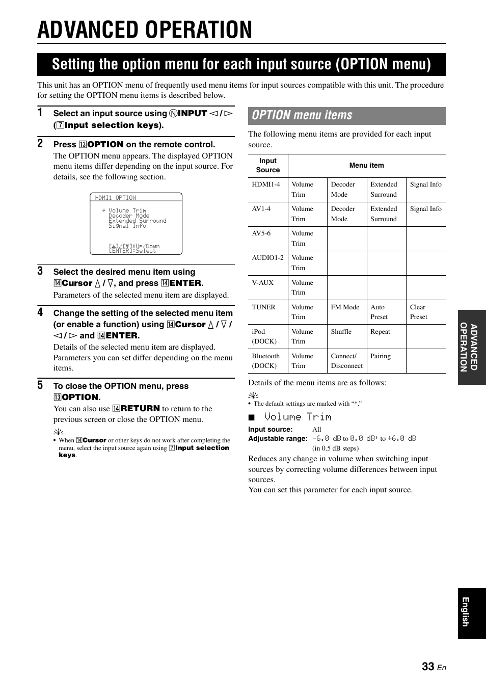 Advanced operation, Option menu items, Setting the option menu for each input source | Option menu), Volume trim | Yamaha RX-V565 User Manual | Page 37 / 72