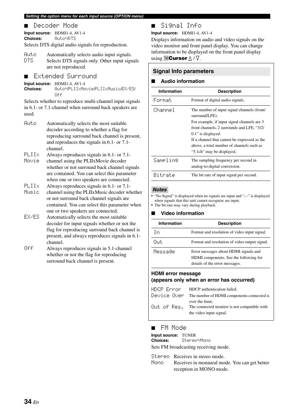 Decoder mode, Extended surround, Signal info | Fm mode | Yamaha RX-V565 User Manual | Page 38 / 72