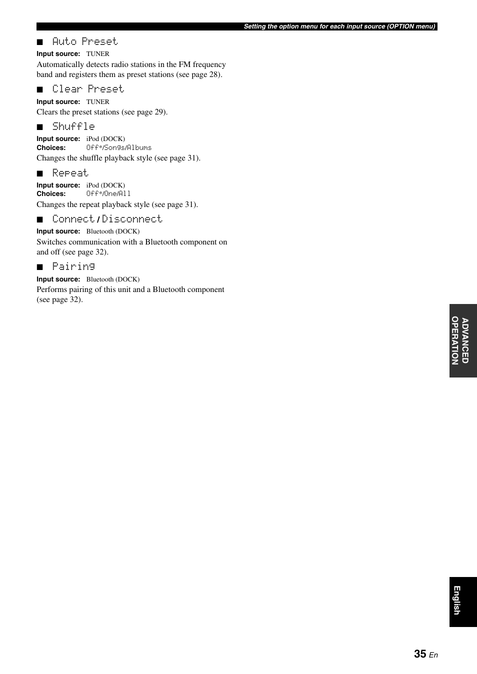 Auto preset, Clear preset, Shuffle | Repeat, Connect, Disconnect, Pairing | Yamaha RX-V565 User Manual | Page 39 / 72