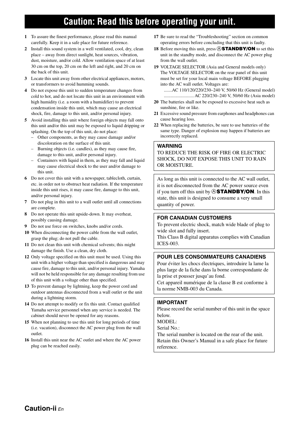 Caution: read this before operating your unit, Caution-ii | Yamaha RX-V565 User Manual | Page 4 / 72