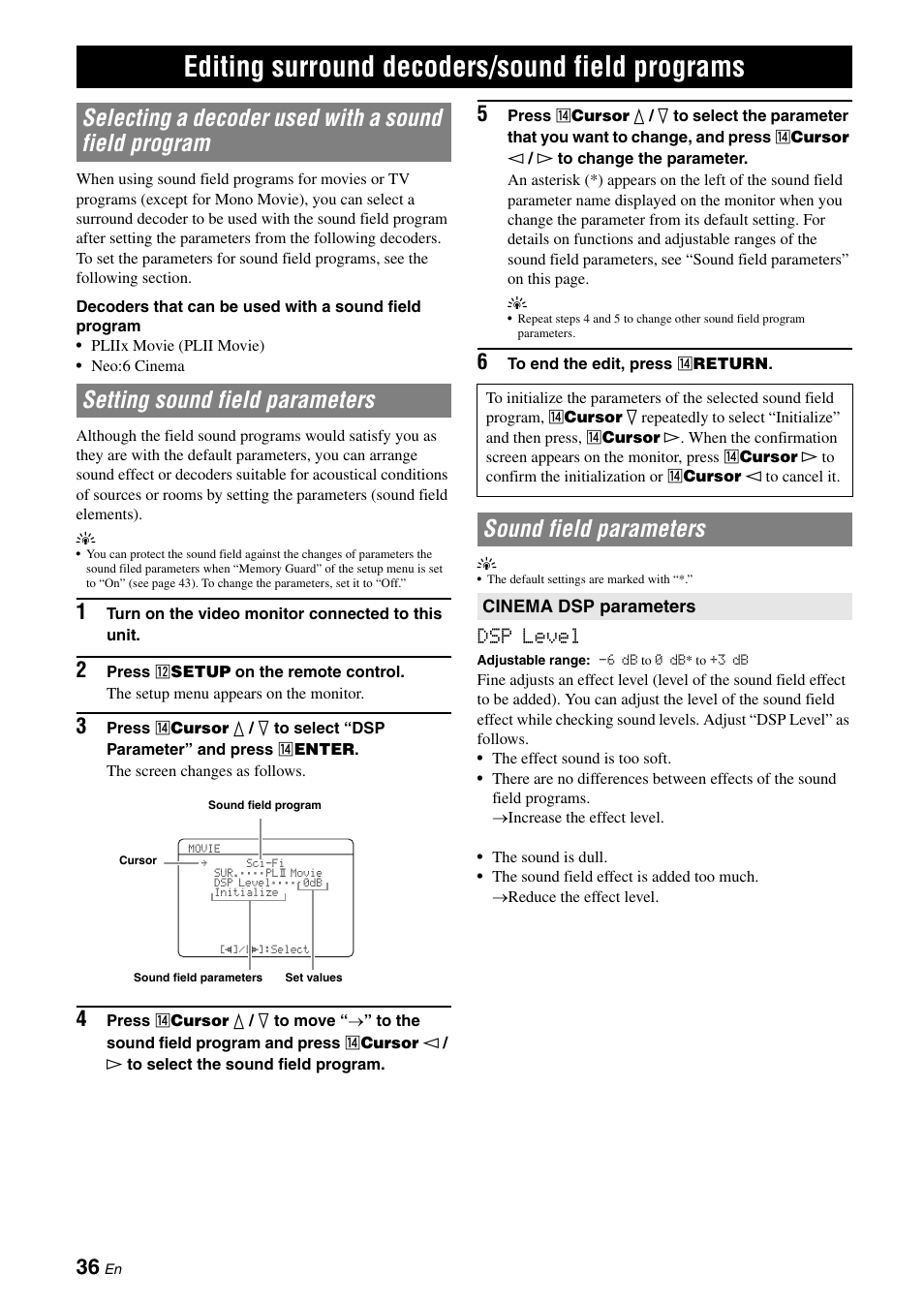 Editing surround decoders/sound field programs, Setting sound field parameters, Sound field parameters | Dsp level | Yamaha RX-V565 User Manual | Page 40 / 72