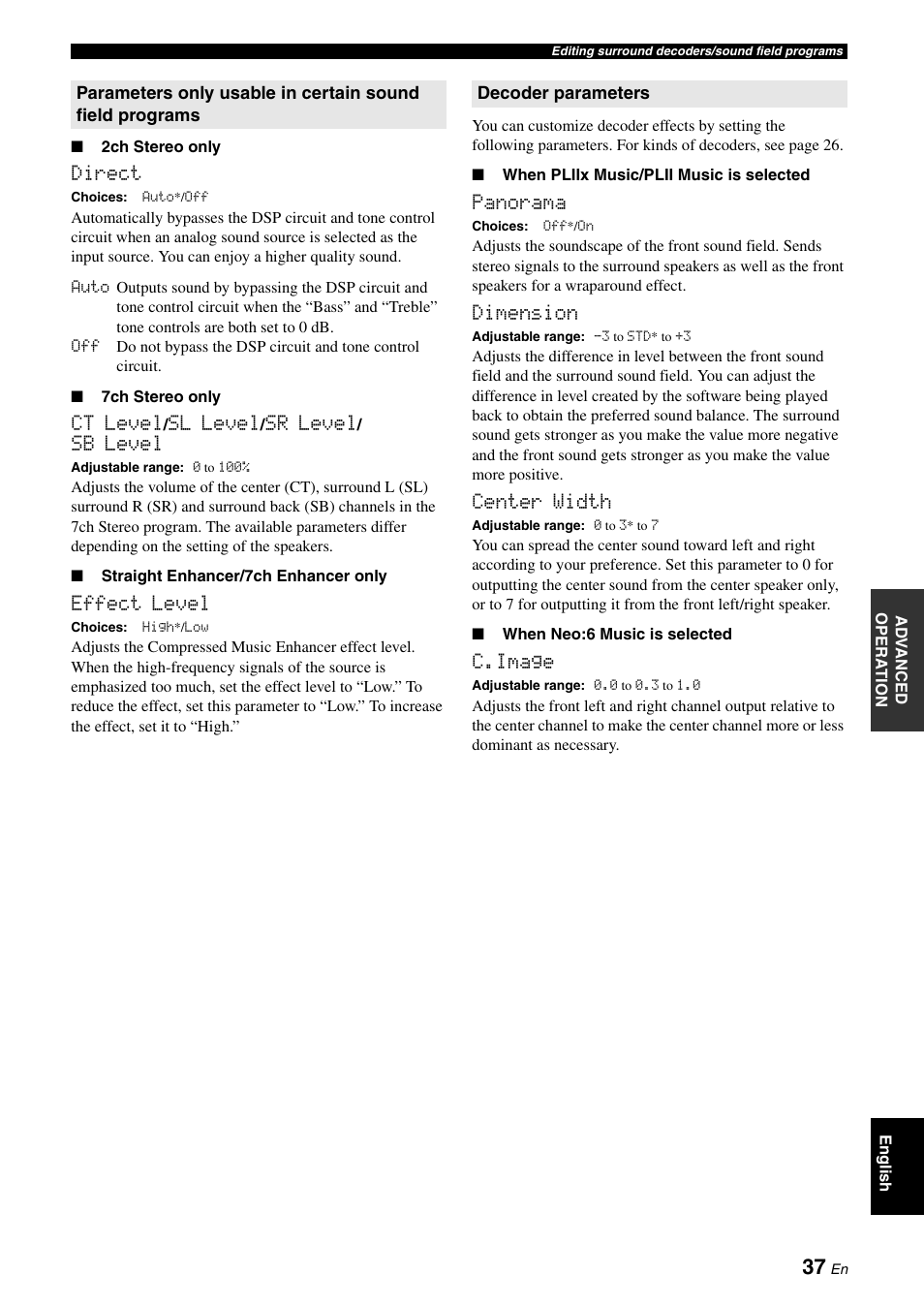 Direct, Ct level, Sl level | Sr level, Sb level, Effect level, Panorama, Dimension, Center width, C.image | Yamaha RX-V565 User Manual | Page 41 / 72