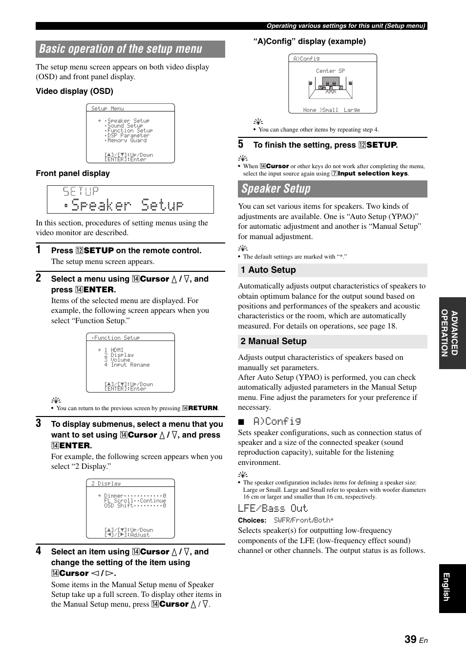 Basic operation of the setup menu, Speaker setup, Basic operation of the setup menu speaker setup | Ad “basic operation of the setup menu” f, A)config, Lfe/bass out | Yamaha RX-V565 User Manual | Page 43 / 72