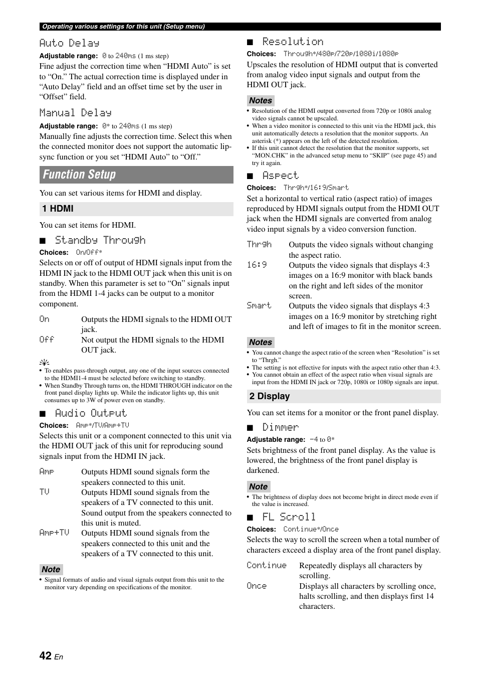 Function setup, Auto delay, Manual delay | Standby through, Audio output, Resolution, Aspect, Dimmer, Fl scroll | Yamaha RX-V565 User Manual | Page 46 / 72