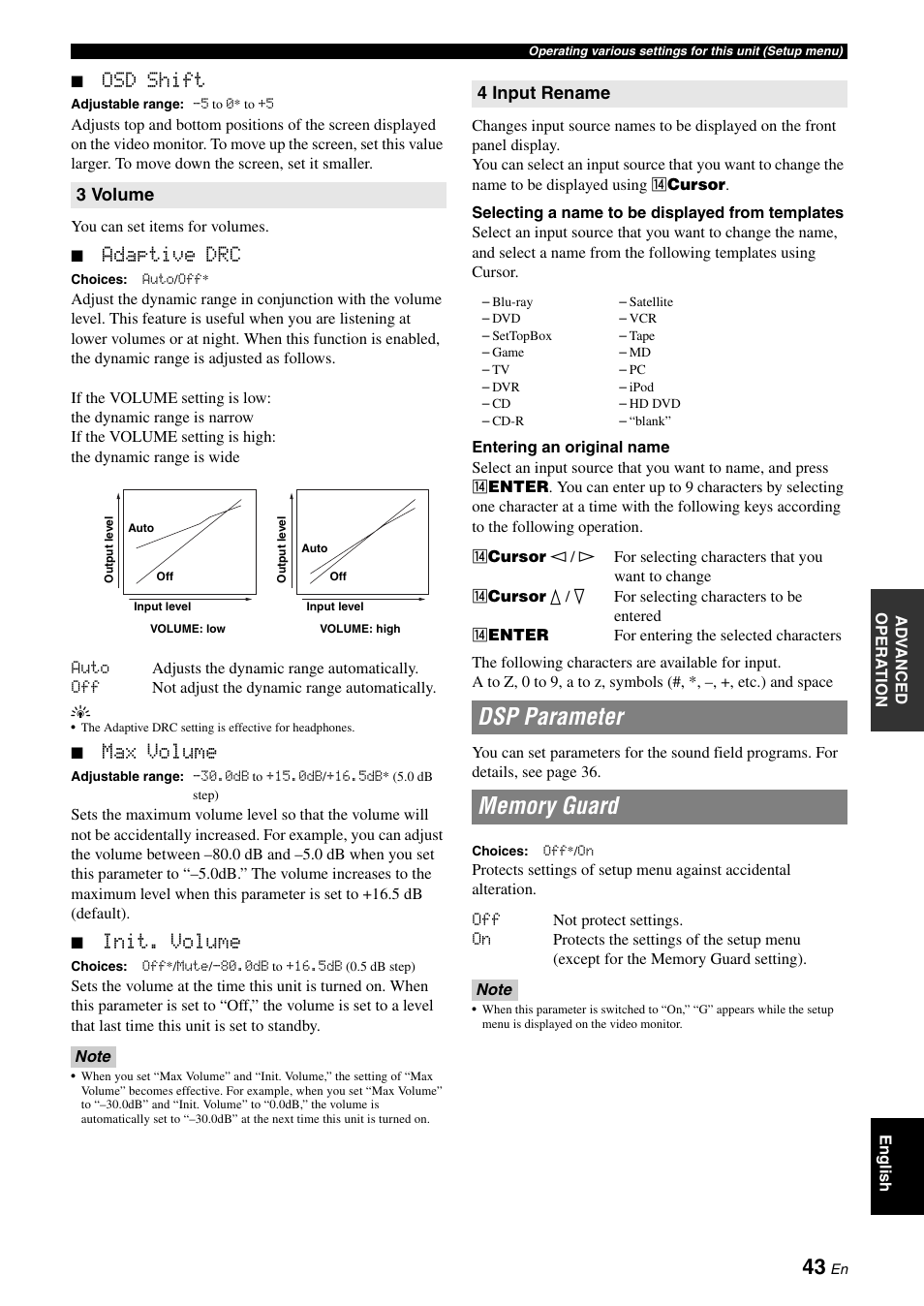 Dsp parameter, Memory guard, Dsp parameter memory guard | Osd shift, Adaptive drc, Max volume, Init. volume | Yamaha RX-V565 User Manual | Page 47 / 72