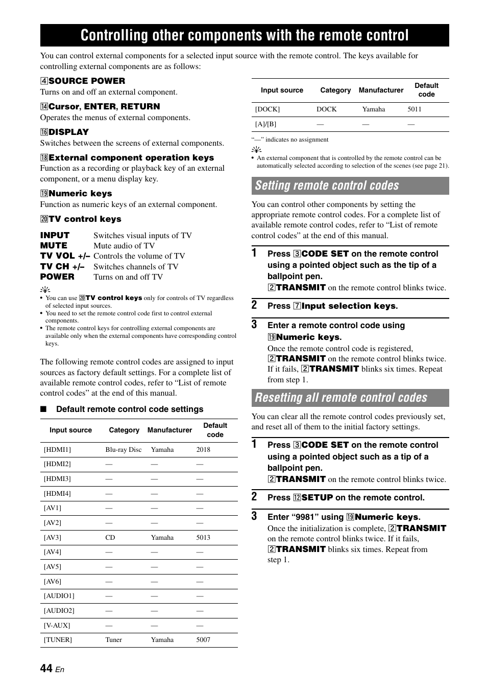 Setting remote control codes, Resetting all remote control codes, Controlling other components with the remote | Control | Yamaha RX-V565 User Manual | Page 48 / 72