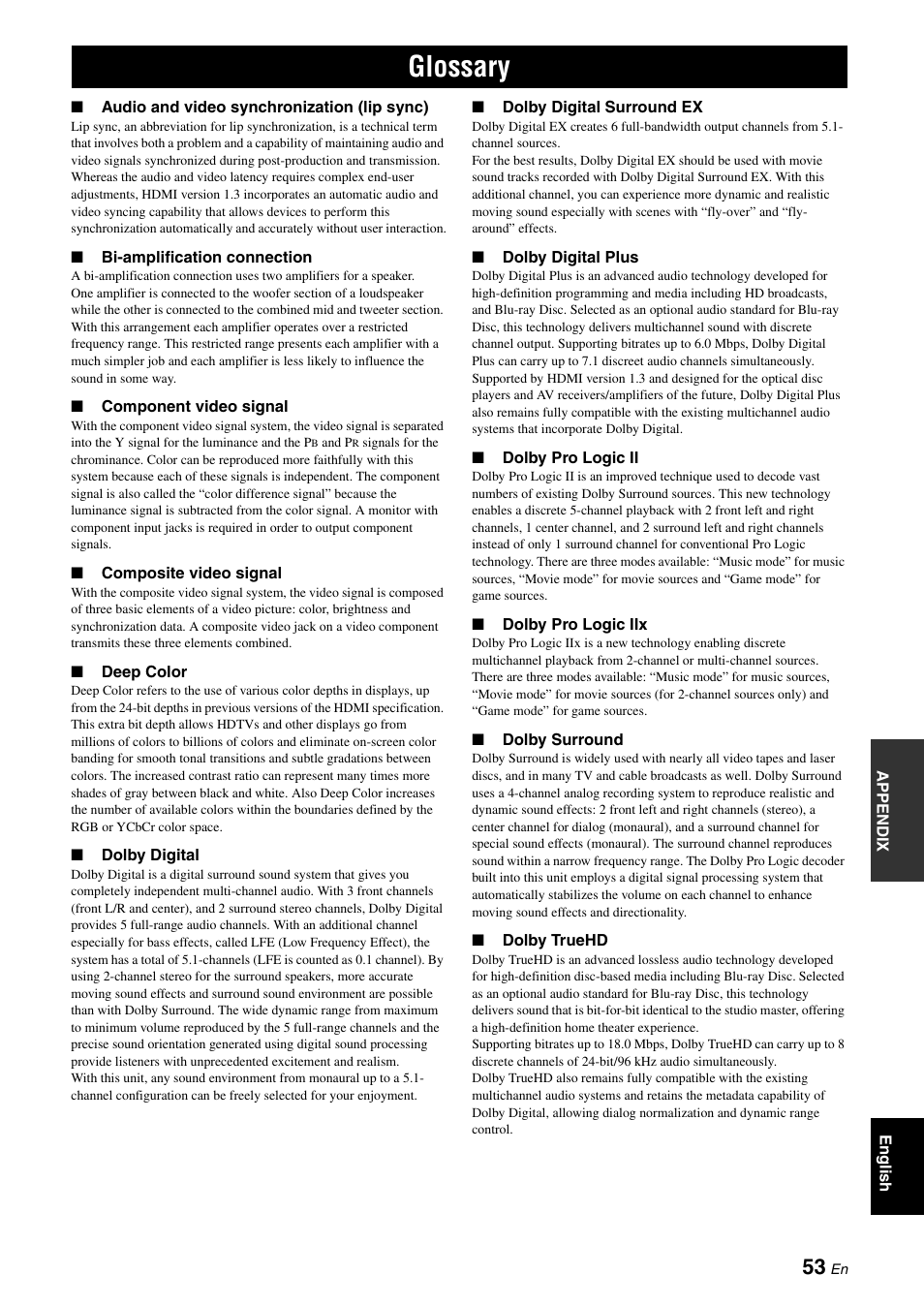 Glossary | Yamaha RX-V565 User Manual | Page 57 / 72