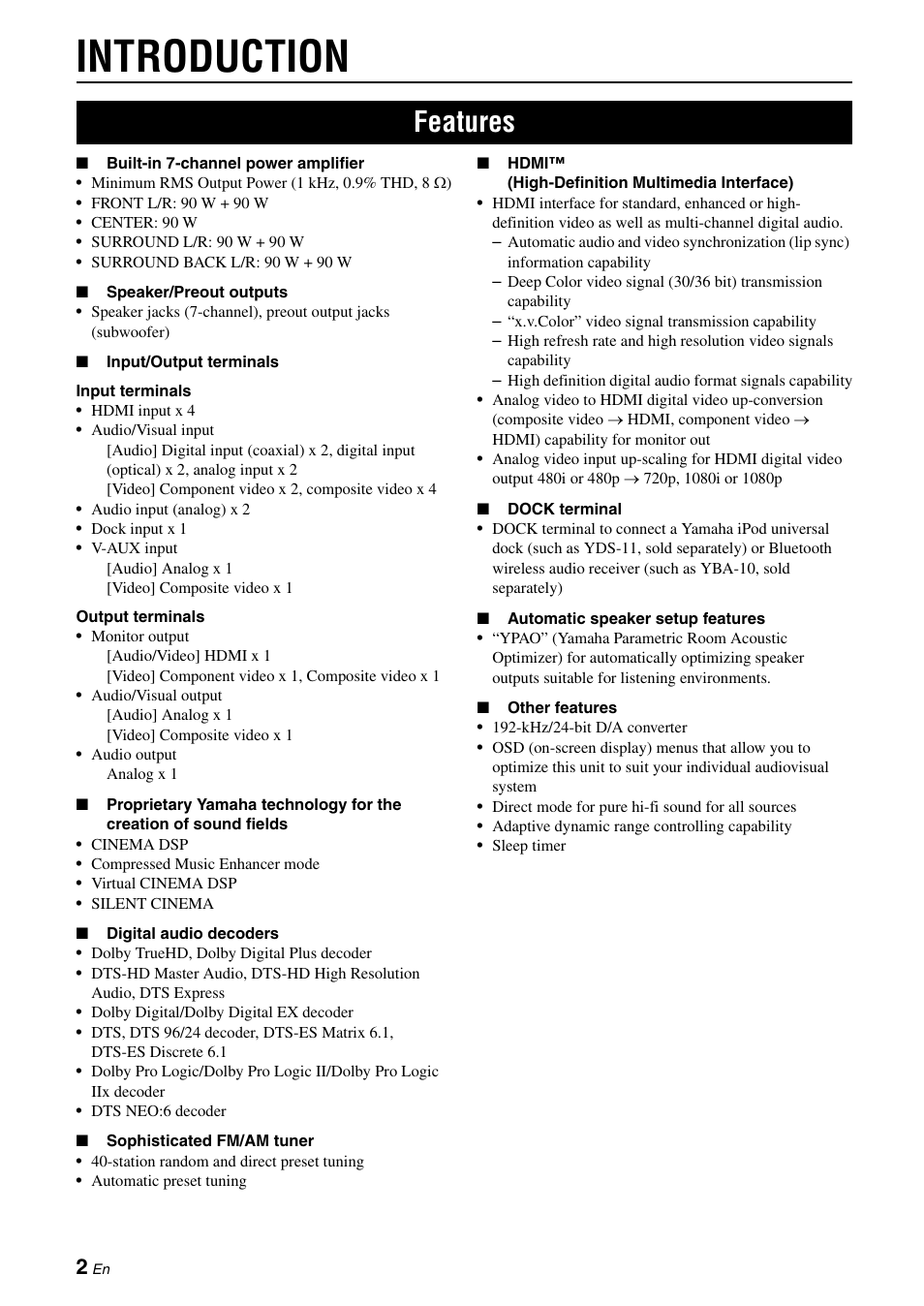 Introduction, Features | Yamaha RX-V565 User Manual | Page 6 / 72