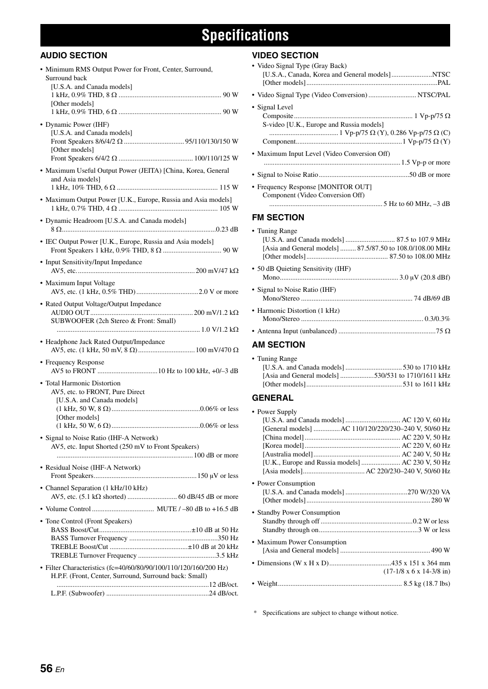 Specifications | Yamaha RX-V565 User Manual | Page 60 / 72