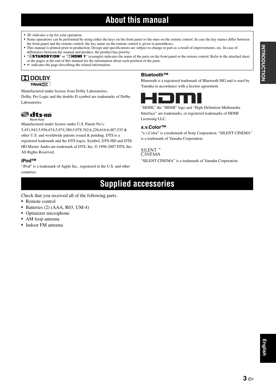 About this manual, Supplied accessories, About this manual supplied accessories | Yamaha RX-V565 User Manual | Page 7 / 72