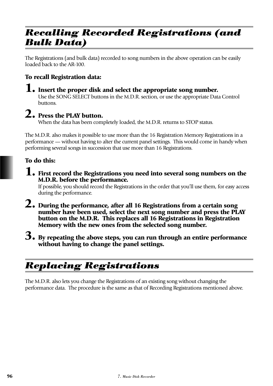 Recalling recorded registrations (and bulk data), Replacing registrations | Yamaha AR-100 User Manual | Page 102 / 180