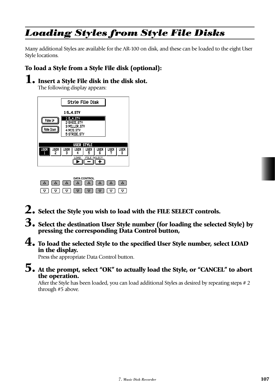 Loading styles from style file disks | Yamaha AR-100 User Manual | Page 113 / 180