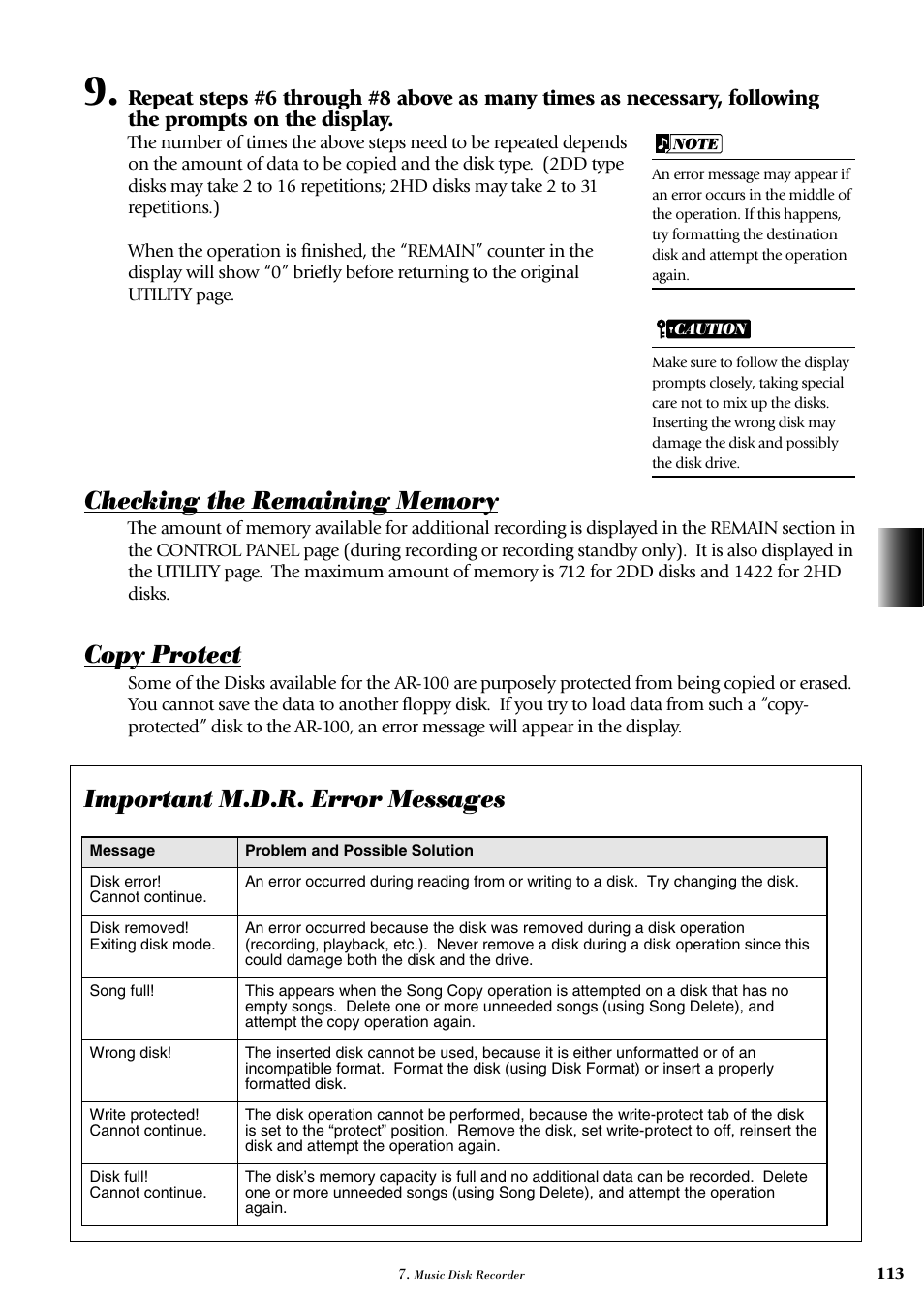 Copy protect, Important m.d.r. error messages | Yamaha AR-100 User Manual | Page 119 / 180