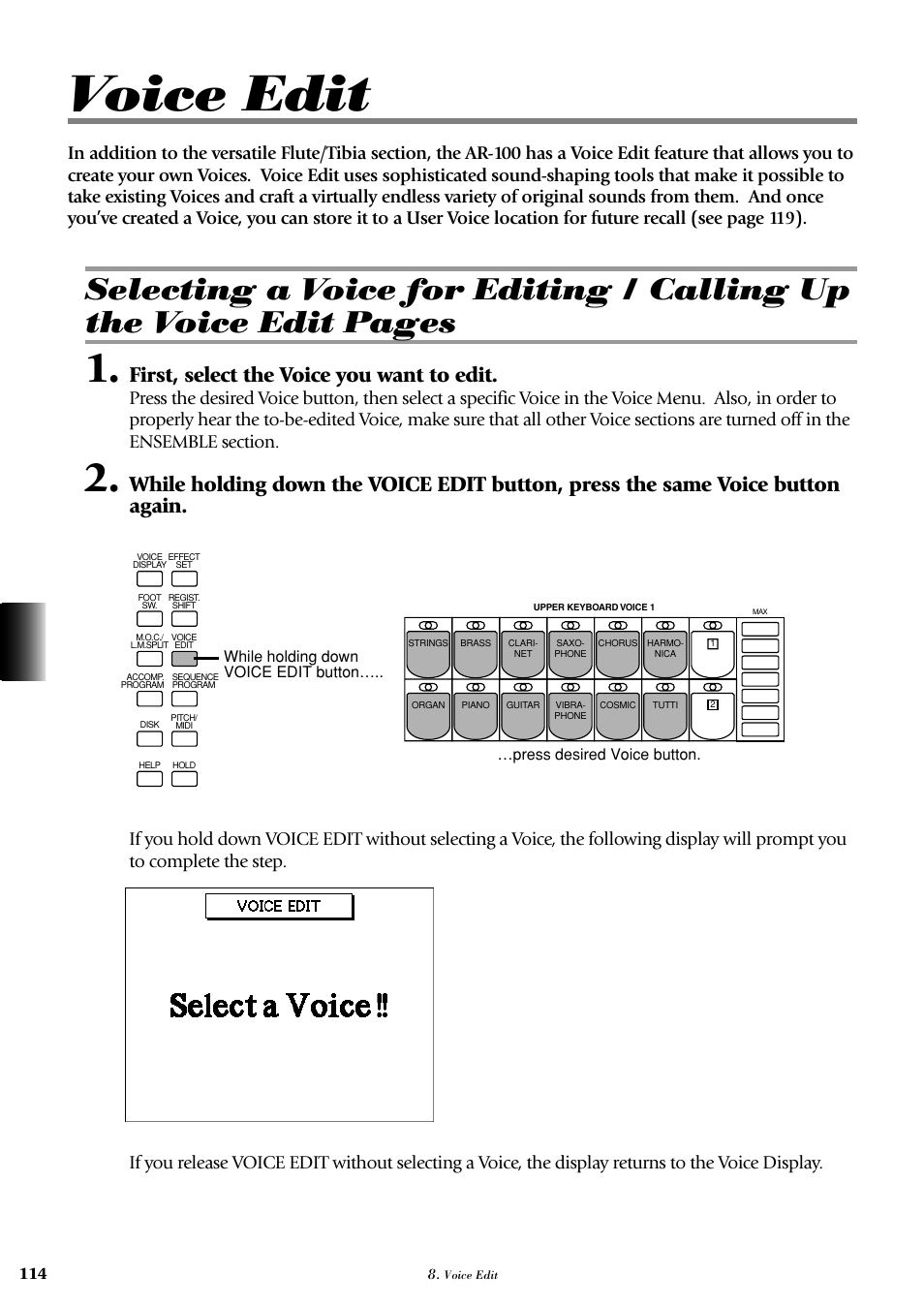 Voice edit, First, select the voice you want to edit | Yamaha AR-100 User Manual | Page 120 / 180