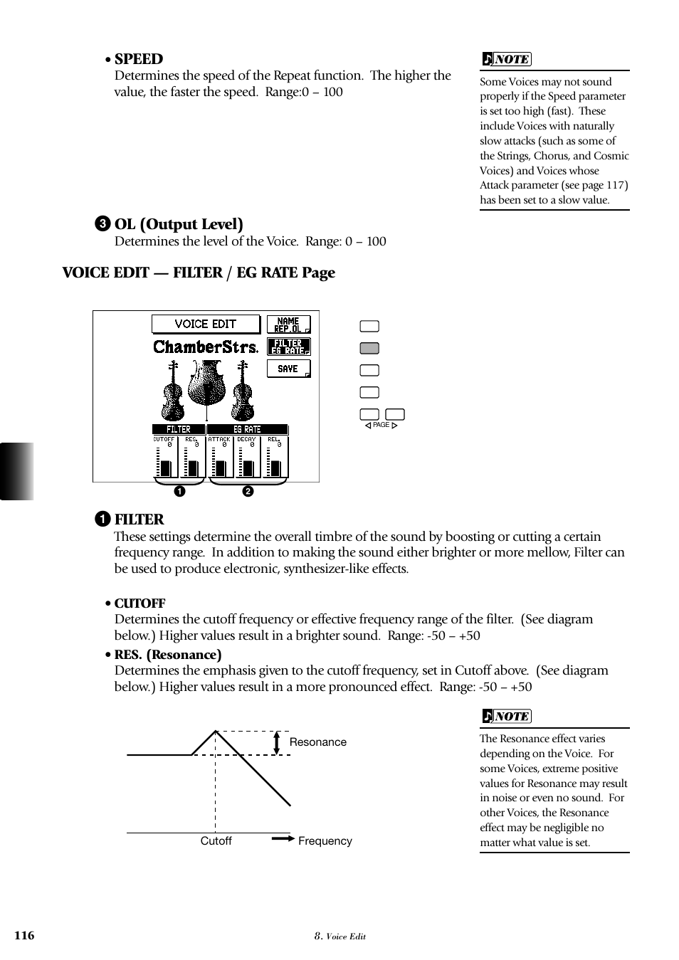 Speed, 3 ol (output level), Voice edit — filter / eg rate page 1 filter | Yamaha AR-100 User Manual | Page 122 / 180