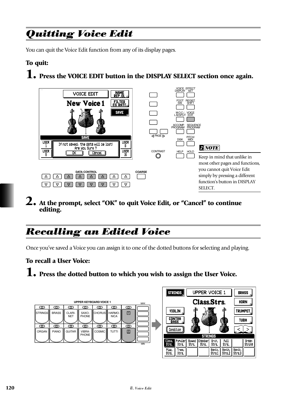 Quitting voice edit, Recalling an edited voice | Yamaha AR-100 User Manual | Page 126 / 180