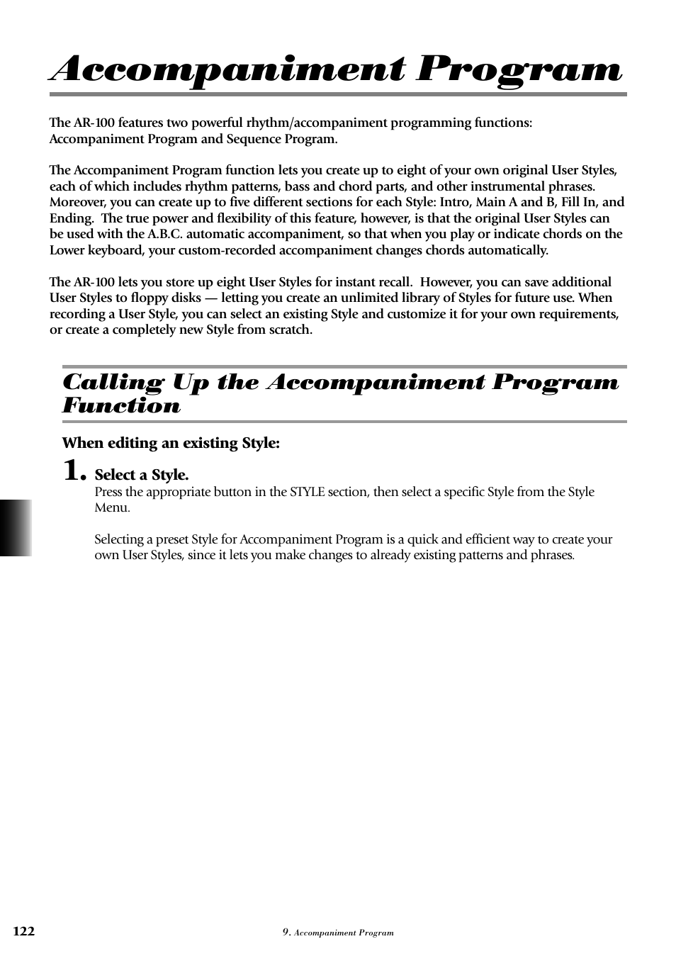 Accompaniment program, Calling up the accompaniment program function | Yamaha AR-100 User Manual | Page 128 / 180