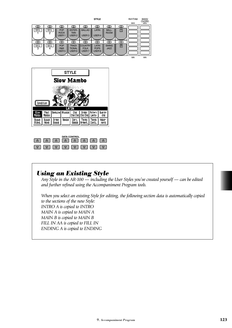 Using an existing style | Yamaha AR-100 User Manual | Page 129 / 180