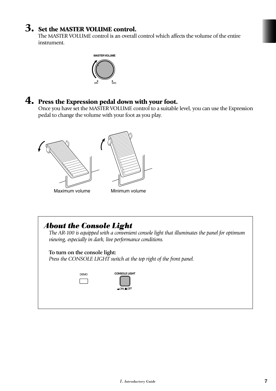 About the console light, Set the master volume control, Press the expression pedal down with your foot | Yamaha AR-100 User Manual | Page 13 / 180