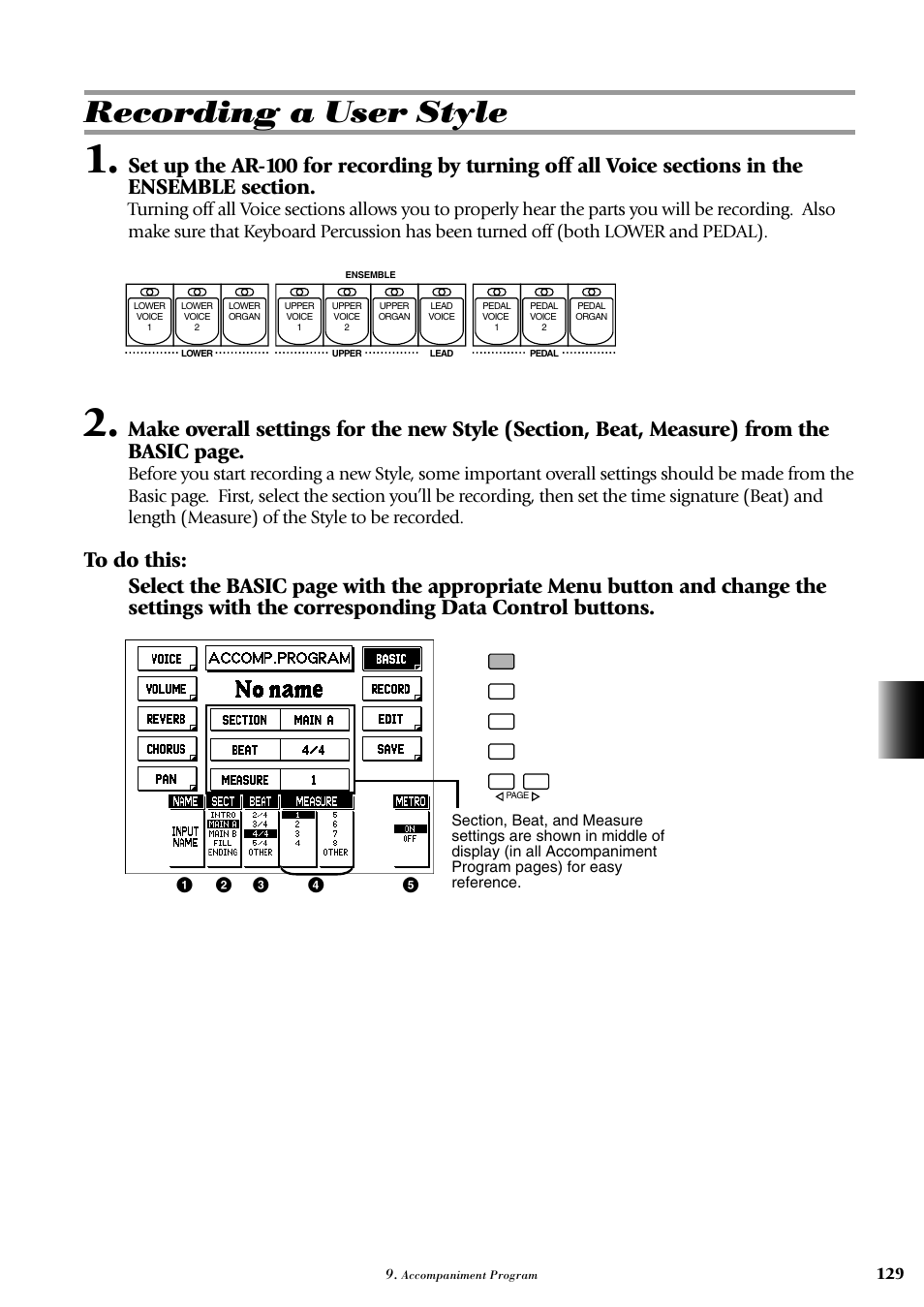Recording a user style | Yamaha AR-100 User Manual | Page 135 / 180