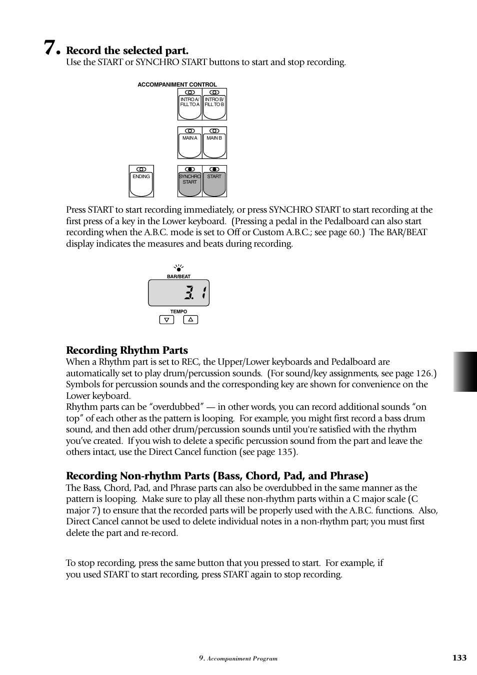 Record the selected part, Recording rhythm parts | Yamaha AR-100 User Manual | Page 139 / 180