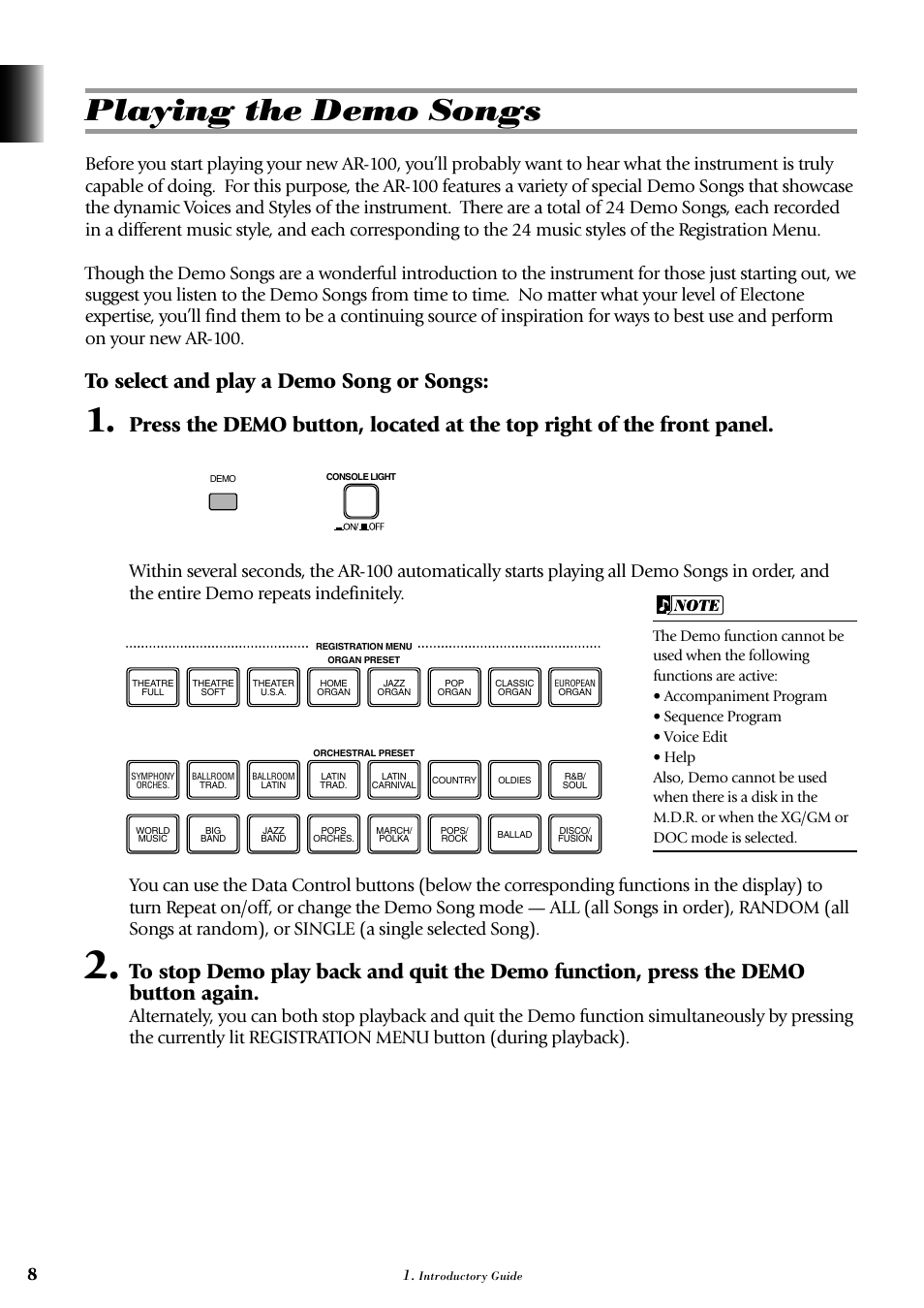 Playing the demo songs | Yamaha AR-100 User Manual | Page 14 / 180