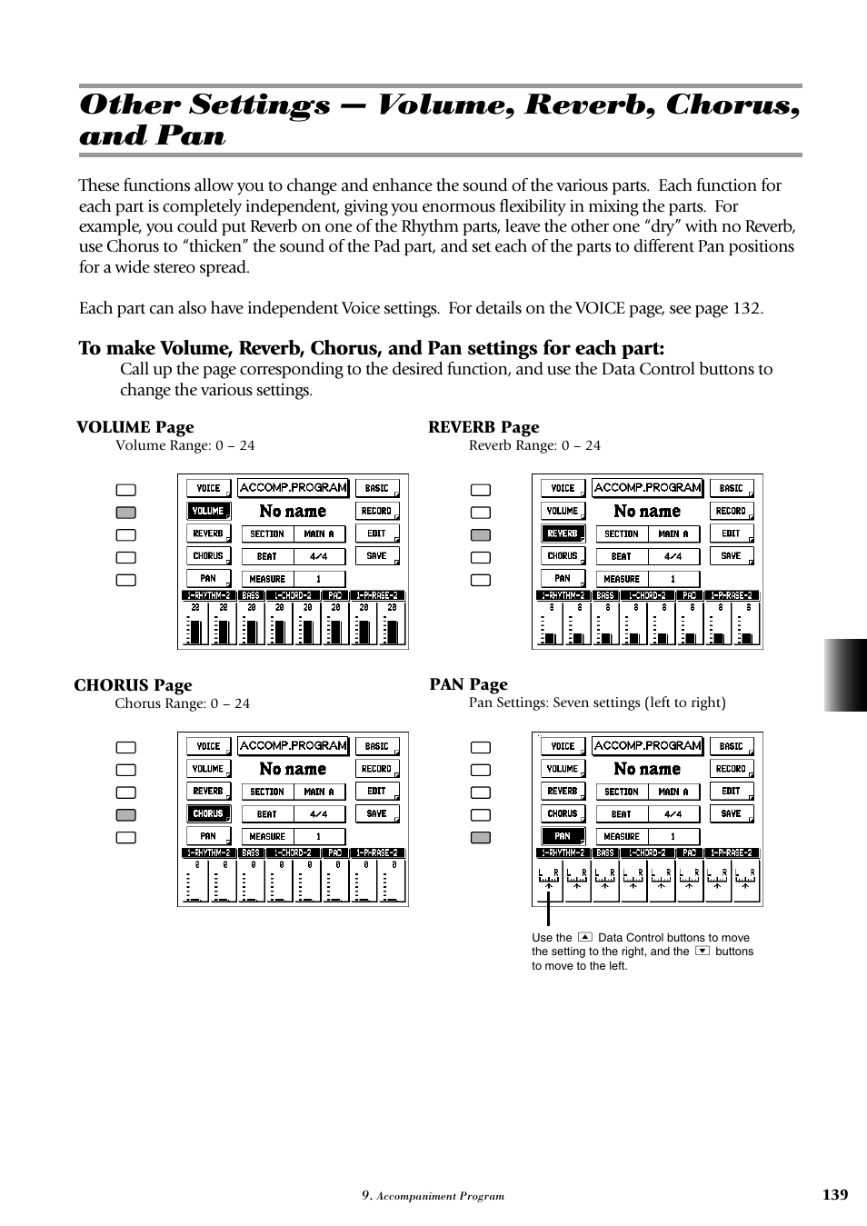 Other settings — volume, reverb, chorus, and pan | Yamaha AR-100 User Manual | Page 145 / 180