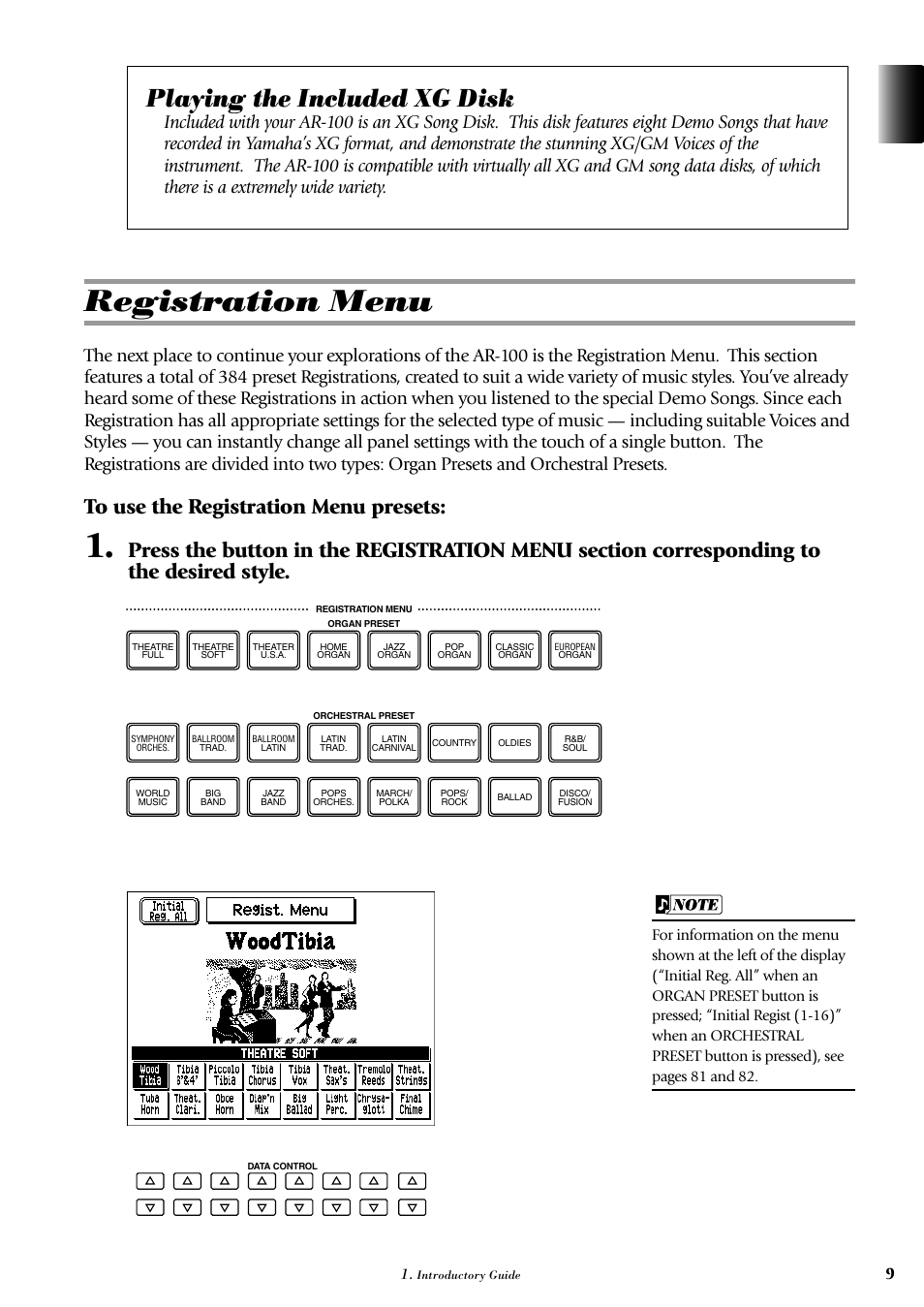 Registration menu, Playing the included xg disk | Yamaha AR-100 User Manual | Page 15 / 180