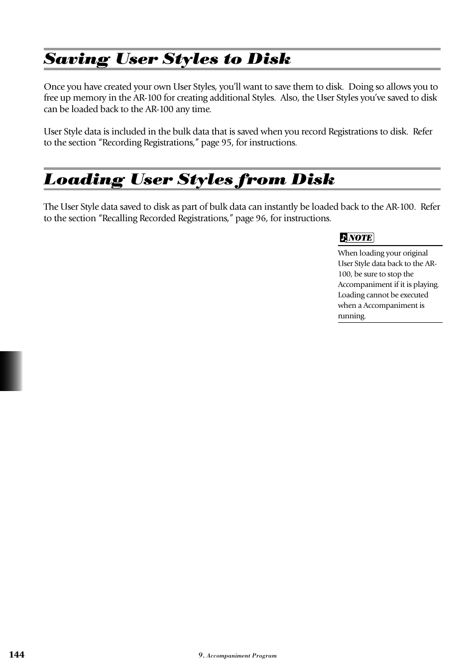 Saving user styles to disk, Loading user styles from disk | Yamaha AR-100 User Manual | Page 150 / 180