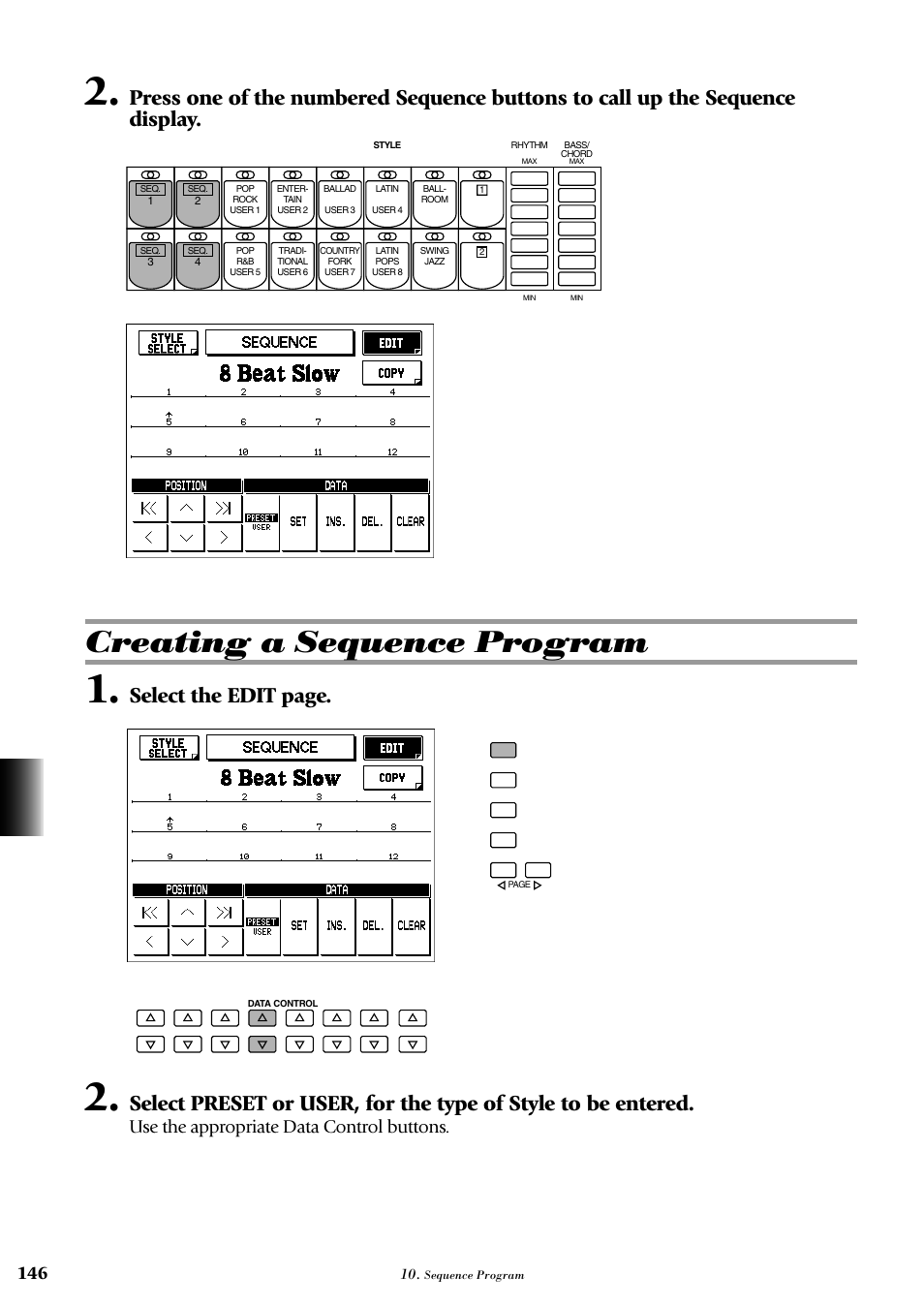 Creating a sequence program, Select the edit page, Use the appropriate data control buttons | Yamaha AR-100 User Manual | Page 152 / 180