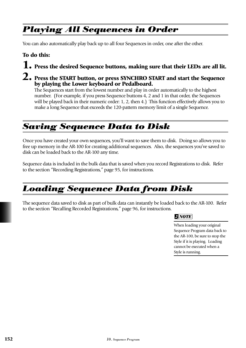 Playing all sequences in order, Saving sequence data to disk, Loading sequence data from disk | Yamaha AR-100 User Manual | Page 158 / 180