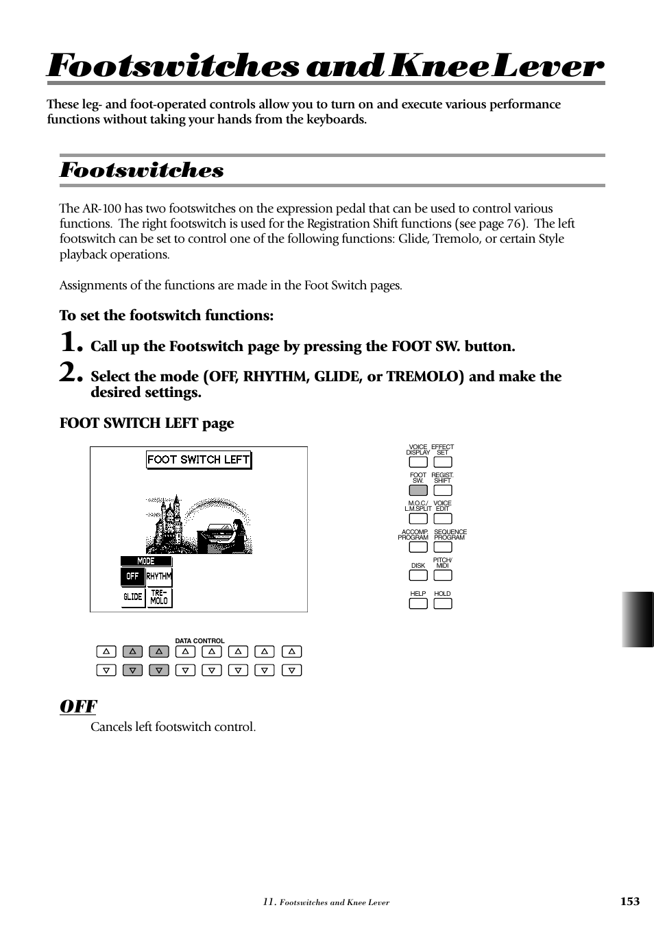 Footswitches and kneelever, Footswitches | Yamaha AR-100 User Manual | Page 159 / 180