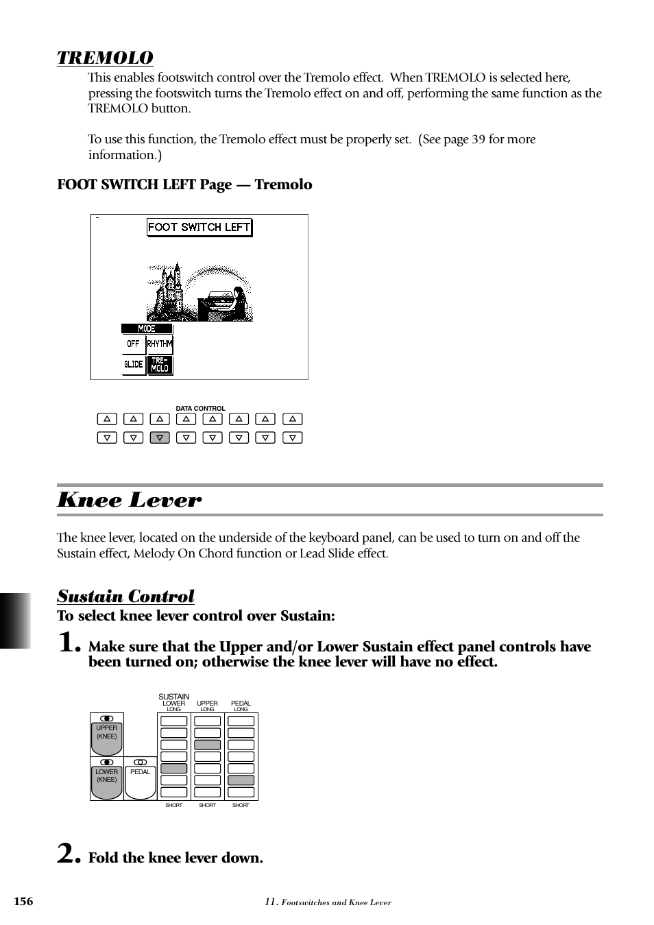 Knee lever, Tremolo, Sustain control | Foot switch left page — tremolo, Fold the knee lever down | Yamaha AR-100 User Manual | Page 162 / 180