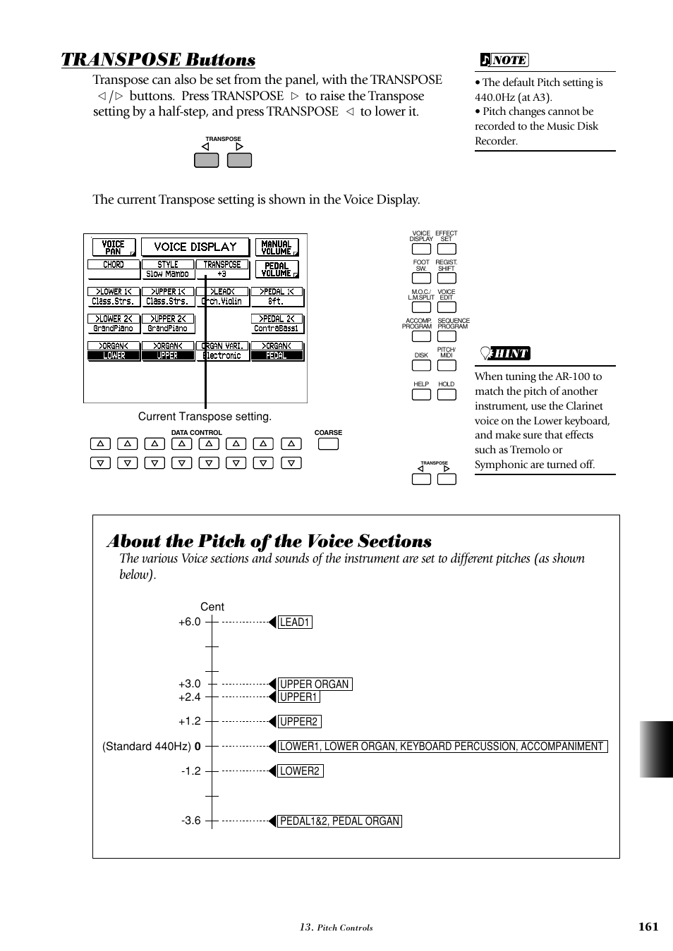 Transpose buttons, Buttons. press transpose | Yamaha AR-100 User Manual | Page 167 / 180