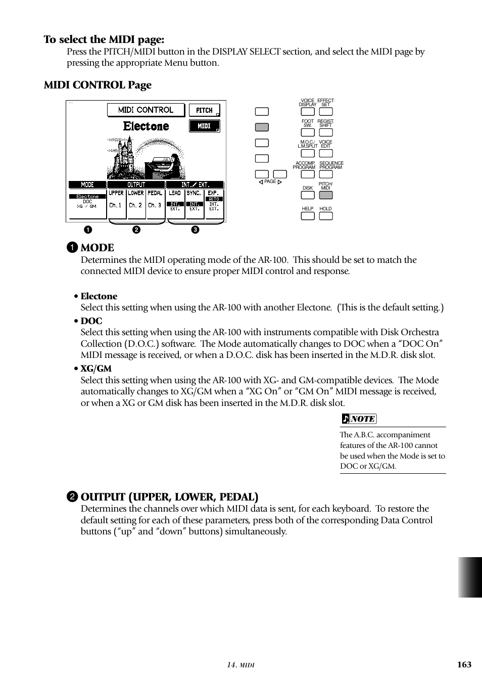 Midi control page 1 mode, 2 output (upper, lower, pedal) | Yamaha AR-100 User Manual | Page 169 / 180