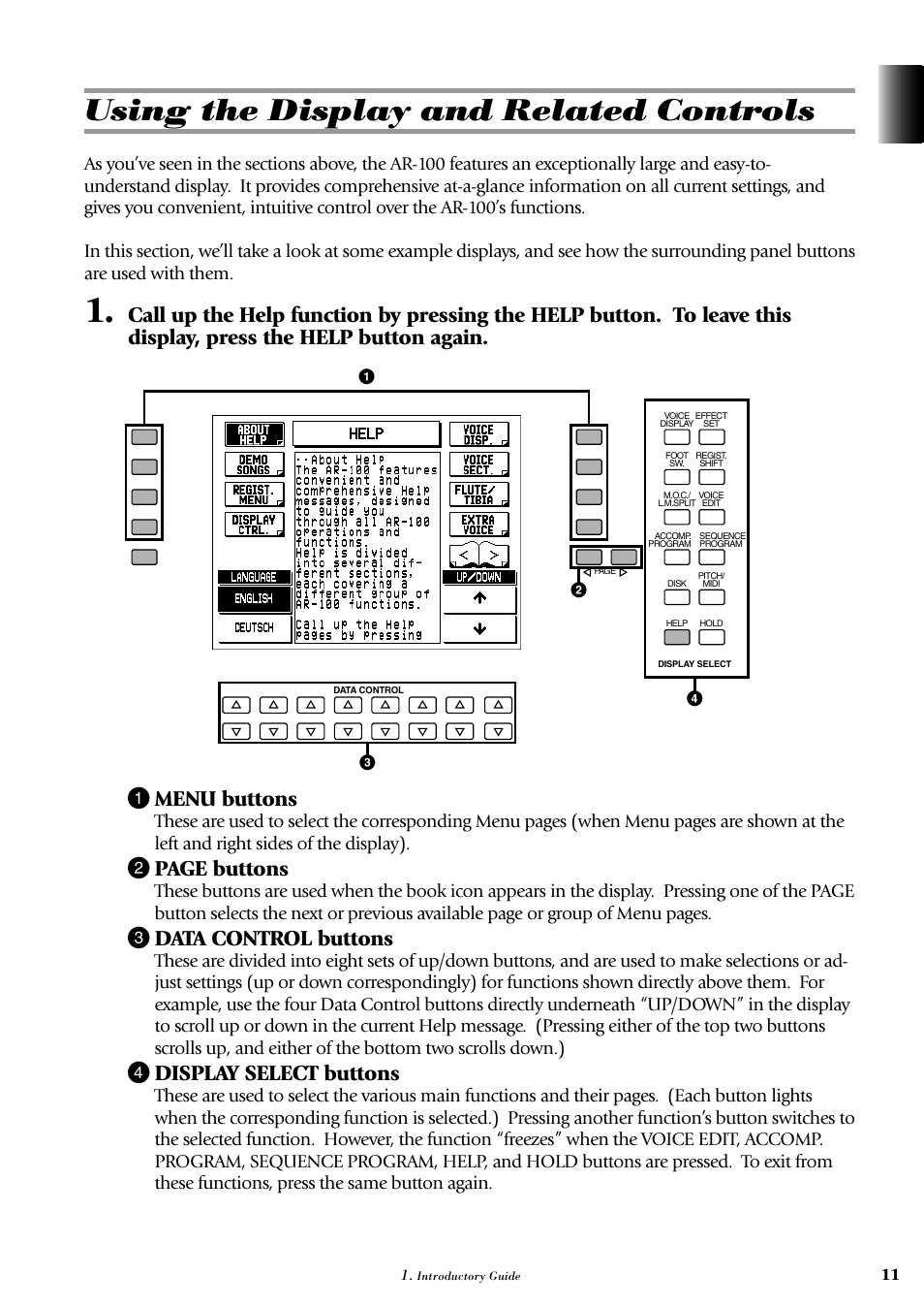 Using the display and related controls, 2 page buttons, 3 data control buttons | 4 display select buttons | Yamaha AR-100 User Manual | Page 17 / 180