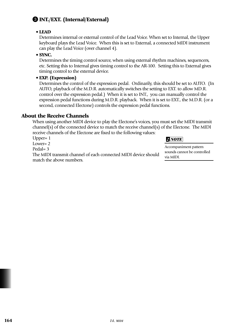 3 int./ext. (internal/external), About the receive channels | Yamaha AR-100 User Manual | Page 170 / 180