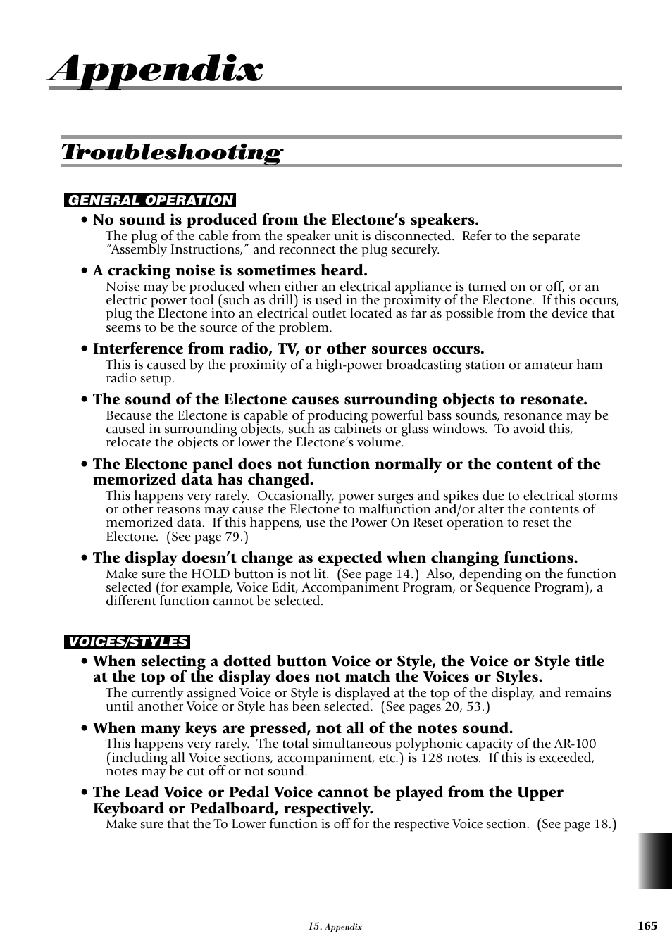 Appendix, Troubleshooting | Yamaha AR-100 User Manual | Page 171 / 180