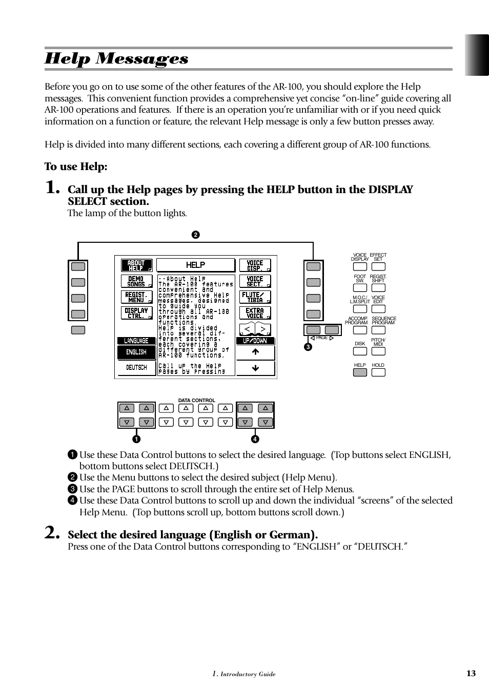 Help messages, Select the desired language (english or german) | Yamaha AR-100 User Manual | Page 19 / 180