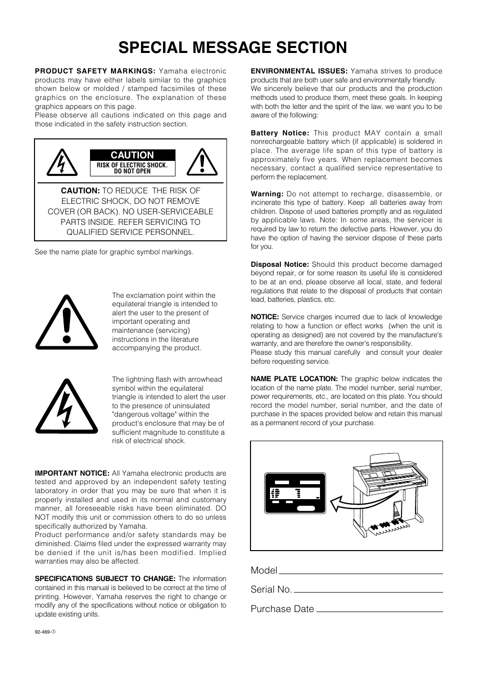 Caution, Model serial no. purchase date | Yamaha AR-100 User Manual | Page 2 / 180